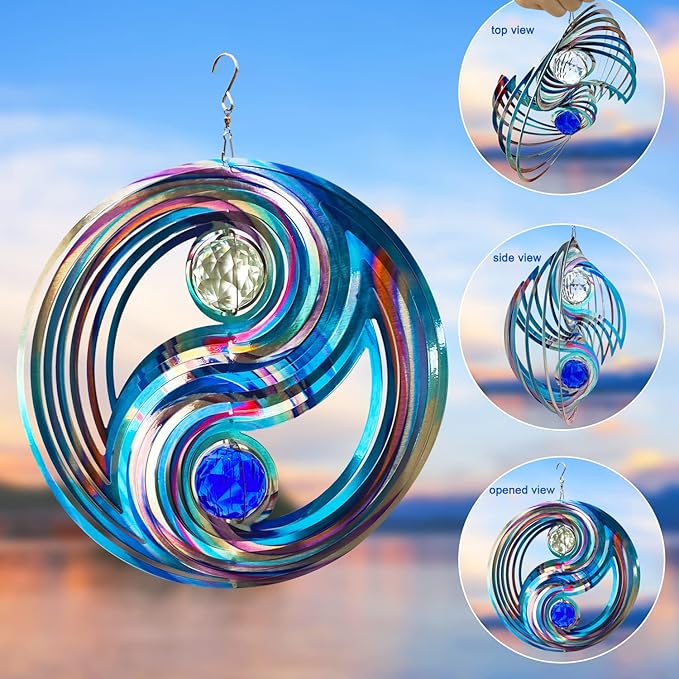 FONMY Mandala Wind Spinner w/Crystal Ball-Fengshui 3D Stainless Steel Hanging Spinners Worth Gift Christmas Decoration Indoor/Outdoor Garden Décor Kinetic Yard Art 12 Inches Wind Sculpture