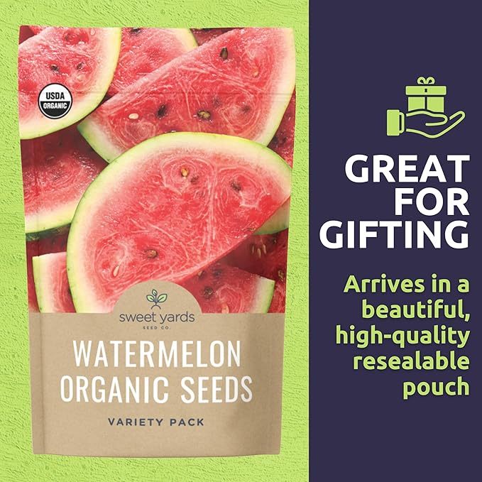 Organic Watermelon Seeds Variety Pack - 6 Individual Packs - 2025 Season - Sugar Baby, Orange Tendersweet, Jubilee and More! for Indoor & Outdoor Planting (Non-GMO, Certified Organic)