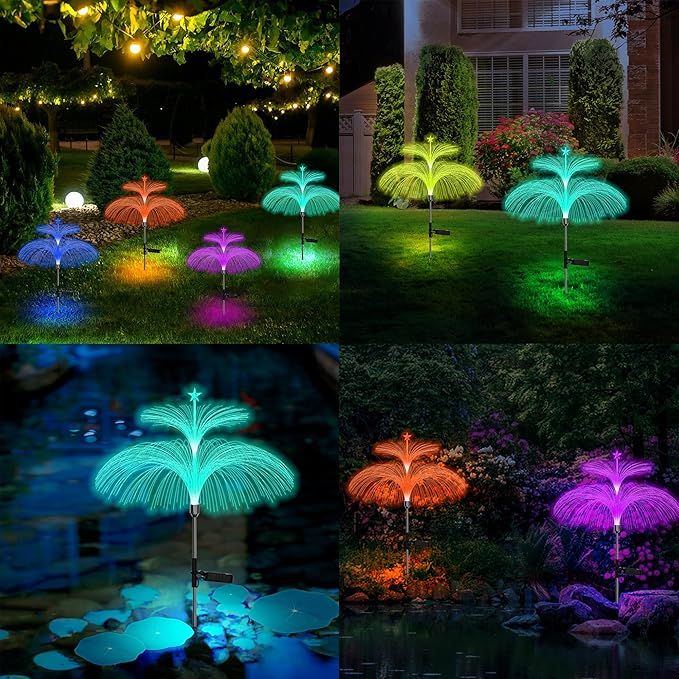 Solar Fiber Optic Double Layer Jellyfish Lights - Star Firework Meteor Shower Ambient Waterproof Path Lights, 7 Color Changes, Sway with The Wind, for Yard Pathway Landscape Decor (4 Pack)