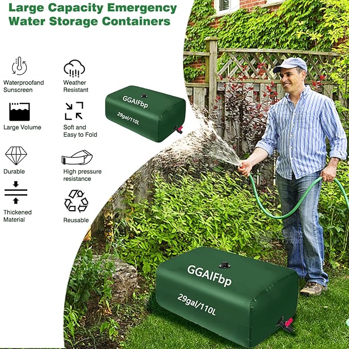 Water Storage Bladder 29Gal/110L Portable Large Capacity Water Storage Containers,Foldable Emergency Water Tank Water Bag W/Spigots and Overflow Kit for RVs, Fire Prevention, Irrigation