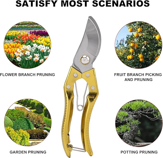 Tree Trimmers Secateurs, Hand Pruner, Garden Scissors for Plant,Pruning Shears for Gardening, Garden Hand Shears, Pruners for Gardening, Garden Clippers, Hedge Shears, Garden Tools （golden)