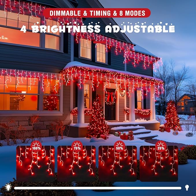 JMEXSUSS 400 LED Red Icicle String Lights, Connectable Red String Lights Indoor Outdoor with Remote, Red Christmas Lights for Room Fireplace Christmas Valentine Decorations, EXS-I-0400-R