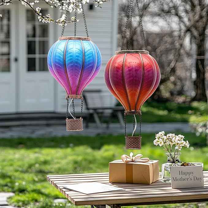TERESA'S COLLECTIONS 2 Pack Hanging Solar Lantern Outdoor Garden Decor ,Waterproof Plastic Hot Air Balloon Red Flickering Flame Effect Lantern for Yard Tree,Gift for Mom Lovers,18"