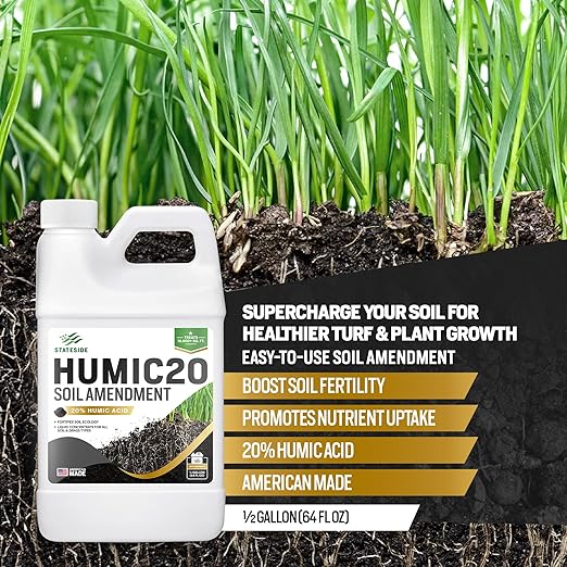 64oz 20% Humic Acid for Lawn - Covers 10,000 sq ft, Humic20 Soil Amendments, Ideal Soil Conditioner for Lawns, Promotes Aeration & Better Structure for Stronger Roots & Healthy Grass Growth