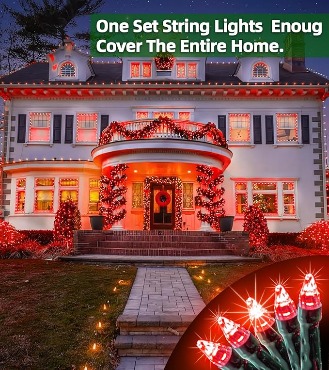 1500 LED 492FT Christmas Lights With Timer Memory - Green Wire String Lights for Indoor Outdoor Decorations, Christmas Tree, Party, Xmas, Wedding, Garden, Patio - Red