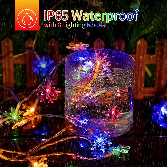 Solar Christmas Snowflake String Lights 100 LED 39 FT Outdoor Waterproof Fairy Lights with 8 Lighting Modes for Wedding, Party, Tree, Room, Garden, Patio, Yard, Home, Multicolor