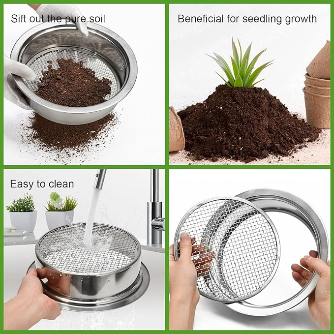 Soil Sieve Sifter Set Stainless Steel,Garden Sieve Set with 3 Interchangeable Mesh 1,3,5mm,Sifting Screen for Dirt, Sand, Rock, Filtration, Compost, with Soil Scoops Gardening Tool