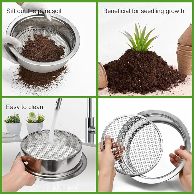 Soil Sieve Sifter Set Stainless Steel,Garden Sieve Set with 3 Interchangeable Mesh 1,3,5mm,Sifting Screen for Dirt, Sand, Rock, Filtration, Compost, with Soil Scoops Gardening Tool
