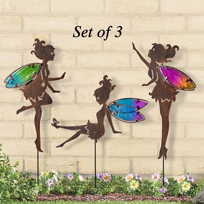 Metal Fairy Garden Stakes Decor,Charming Fairy with Colorful Wing Metal Stakes,Yard Art,Garden Outdoor Lawn Pathway Patio Ornaments,Outdoor Decor,Garden Decor