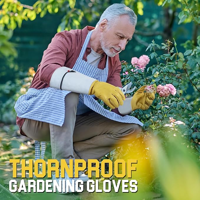 HANDLANDY Rose Gloves for Men & Women, Long Leather Gardening Gloves Thorn Proof, Best Garden Gifts & Tools for Gardener (Yellow-beige, Medium (Pack of 1))