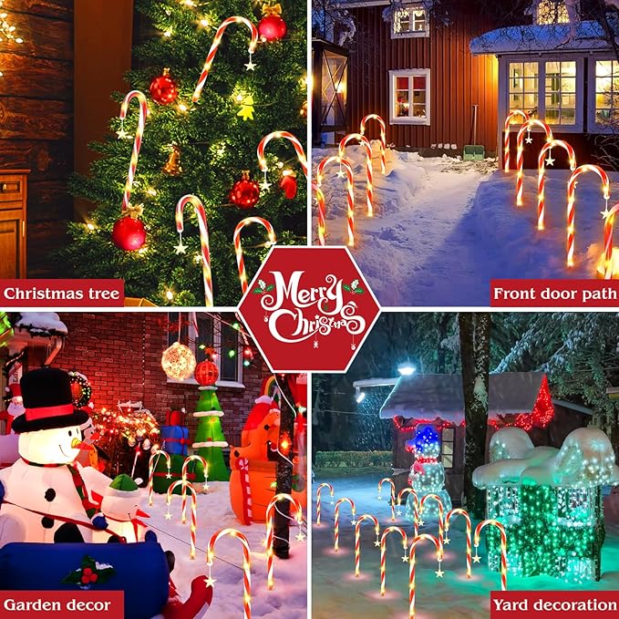 19.3in Christmas Solar Candy Cane Lights, 10 Pcs Pathway Light with Star 8 Flashing Modes, Outdoor Christmas Decorations for Outside Path, Walkway, Driveway, Sidewalk, Porch, Yard, Garden
