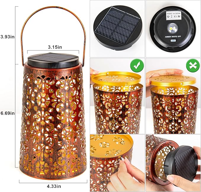 Outdoor Solar Lanterns - Hanging Solar Lights Halloween Lights Metal Lantern Decorative for Patio Garden Yard Backyard Table Tree Outside Lighting Cool/ Warm Light (6 Pack
