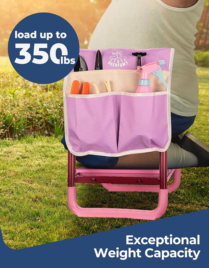 DEERFAMY Garden Stool 10.2" Width, Garden Kneeler and Seat Load Cap 350 lbs, Gardening Gift Heavy Duty with Extra Kneeling Pad, 2 Tool Pouches, Claw Gloves, Pink