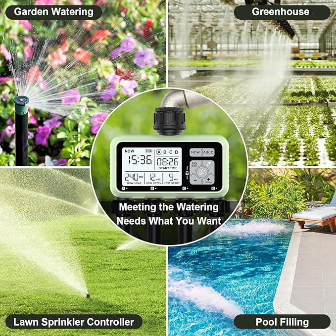 4 Outlet Sprinkler Timer, XinFuture Water Timer, Programmable Garden Hose Timer with Rain Delay, Manual& Automatic Watering System, Waterproof Digital Irrigation Timer for 4 Separate Water Zones