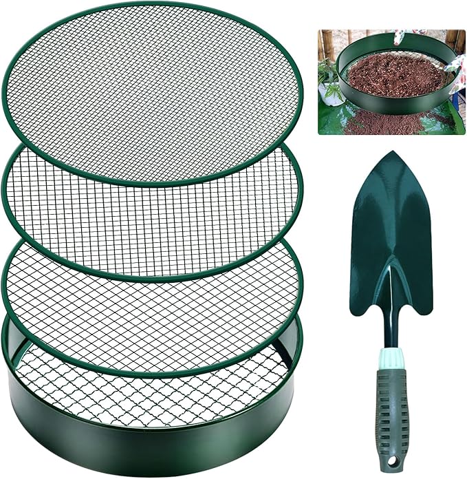 Soil Sifter, 11.8" Fine Mesh Stainless Steel Soil Sifter for Gardening, Compost Sifter with 4 Interchangeable Filter Mesh Sizes 3,6,9,12mm and Shovel, Soil Sieve for Sand Rocks Dirt Compost