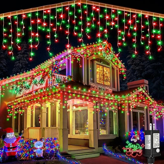 66ft Icicle Lights for Outside, Red and Green Christmas Lights Outdoor Indoor, 640 LED Twinkle String Lights with 120 Drops, Clear Wire Short Curtain Lights for Thanksgiving Room Home Wall Bedroom