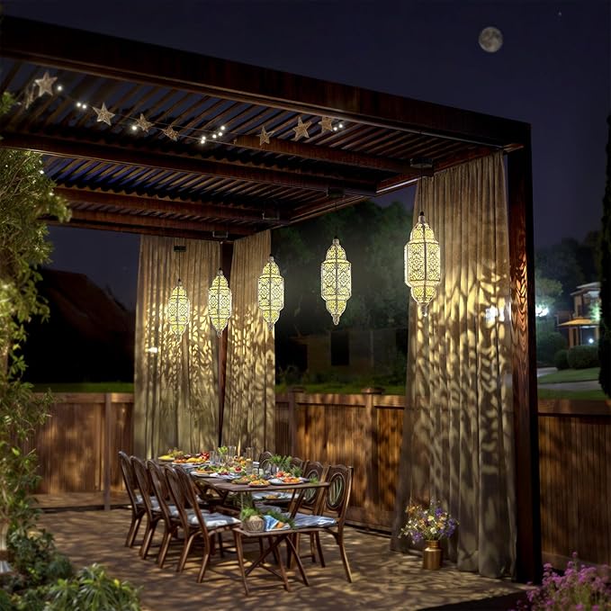 Twinkya Hanging Solar Lights Outdoor Garden Decorative Solar Lantern Waterproof Metal Moroccan Outdoor Decorations for Patio Pathway Yard Porch Backyard Garden Decor (White, 1 Pack)