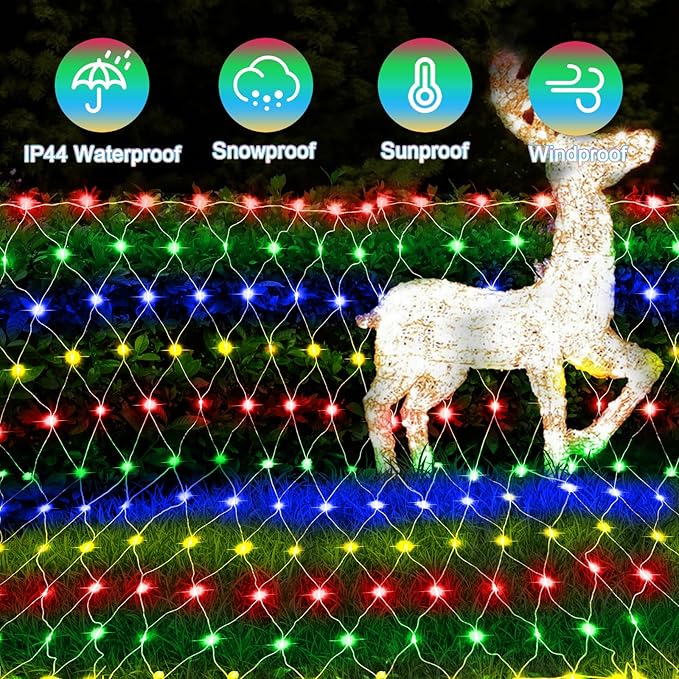 2 Pack Total 400 LED Christmas Net Lights Outdoor 6M*4M Mesh Lights Fairy String Lights Plug in with Timer 8 Modes Waterproof for Outside Bush Window Wall Patio Fence Tree Decorations-Multicolored