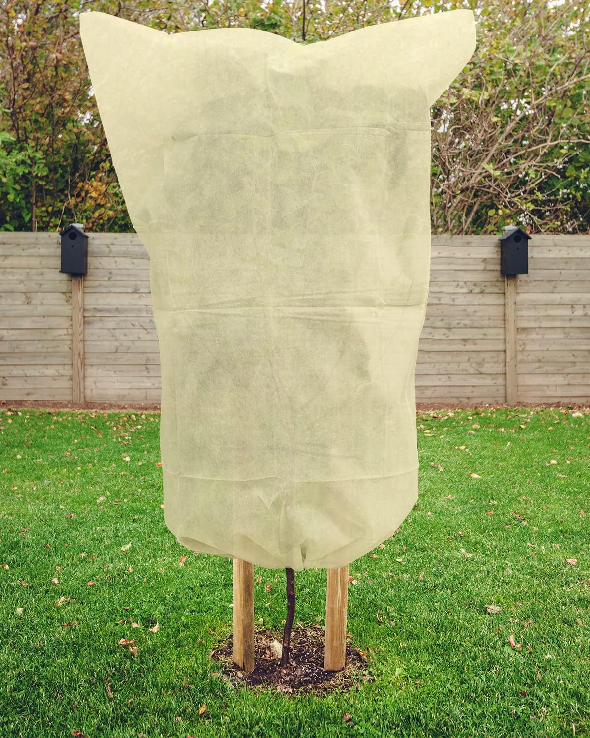 EAONE 12 Pack Plant Covers Freeze Protection, 32x47'' Winter Frosts Cloth for Outdoor Plants, Reusable Frost Blankets Drawstring Bags for Cold Freeze Sun Protection Bird Insect Prevention,Beige