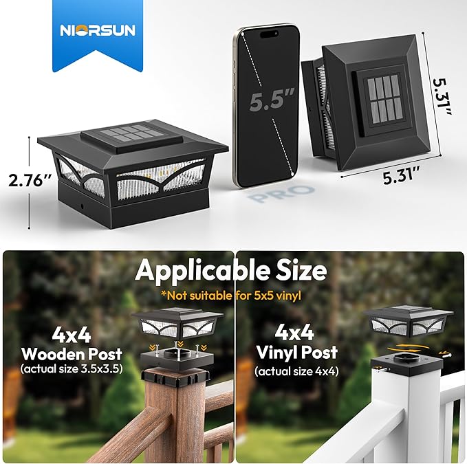 NIORSUN Solar Post Cap Lights Outdoor, 2 Modes LED, Deck Fence Post Solar Lights for 3.5x3.5 4x4 Caps Patio Garden Decoration, Warm White/Cool White Lighting Black 12 Pack