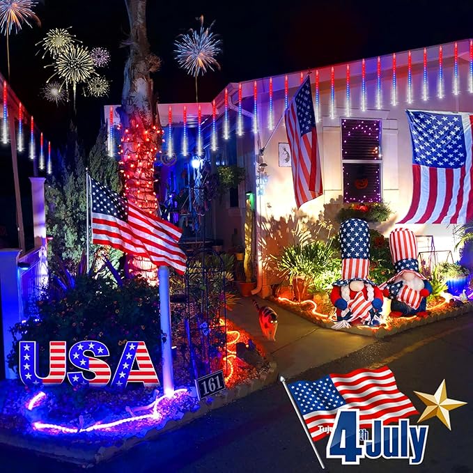 KNONEW 24 Tube Red White and Blue Meteor Shower Lights 4th of July Decorations,16 in 672 LEDs String Lights,52FT Plug in Waterproof Outdoor Lights for Independence Day House Tree Party Decor