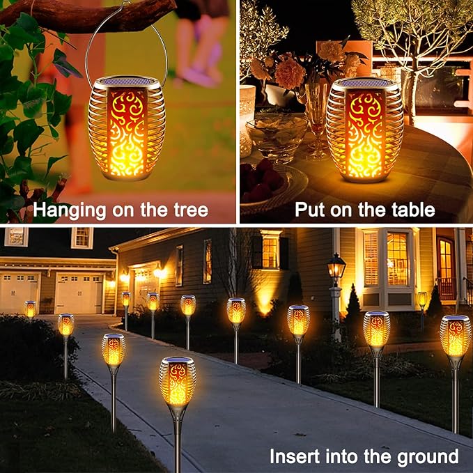 Solar Torch Lights Outdoor, Realistic Flickering Flame Solar Tiki Torches, 3-in-1 Fire Effect Hanging Lanterns with Detachable Hook, Auto On/Off for Garden, Pathway Lighting (4 Pack)