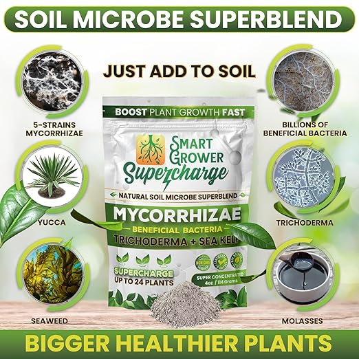 Mycorrhizal Fungi with Beneficial Bacteria, Trichoderma, Sea Kelp, Molasses, Yucca, Smart Grower Supercharge Plant Root Enhancer 4oz Super Concentrate Powder Makes 50 Gallons
