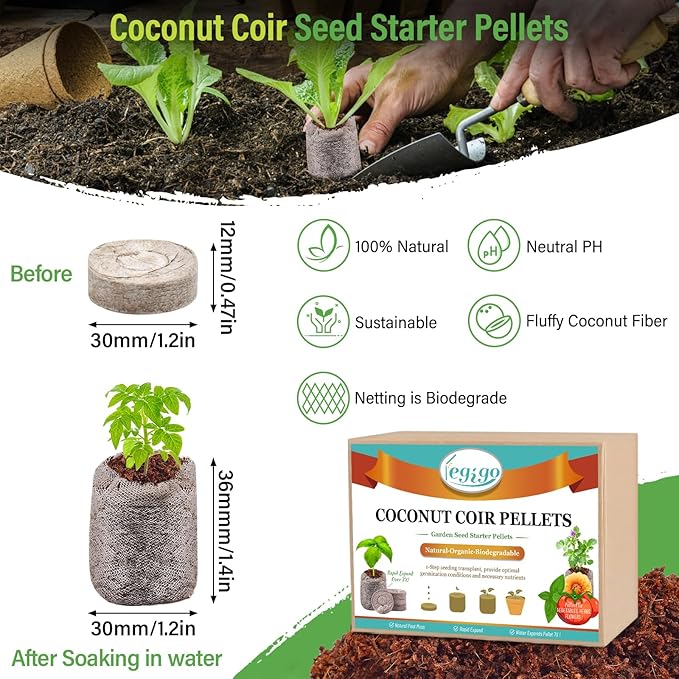 Legigo 100 PCS Coco Coir Seed Starter Plugs, 30mm Coconut Coir Pellets Seed Starter Soil for Plants, Compressed Seedling Starter Pods Pellets Seed Sprouted Potting Soil for Flowers, Herbs, Vegetables