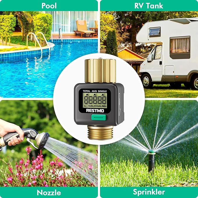 [2 Pack] RESTMO Water Flow Meter, Pure Brass Inlet & Outlet | 4 Measure Modes | Display Gallon/Liter Usage and Flow Rate | Ideal to Outdoor Garden Hose, Lawn Sprinkler Watering, RV Water Tank Filling