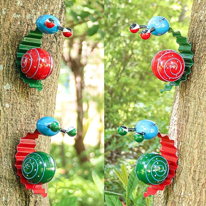Metal Garden Decor Cute Snail Yard Art Outdoor Lawn Patio Ornament Fence Decorations for Outside - Set of 2(Red,Green)