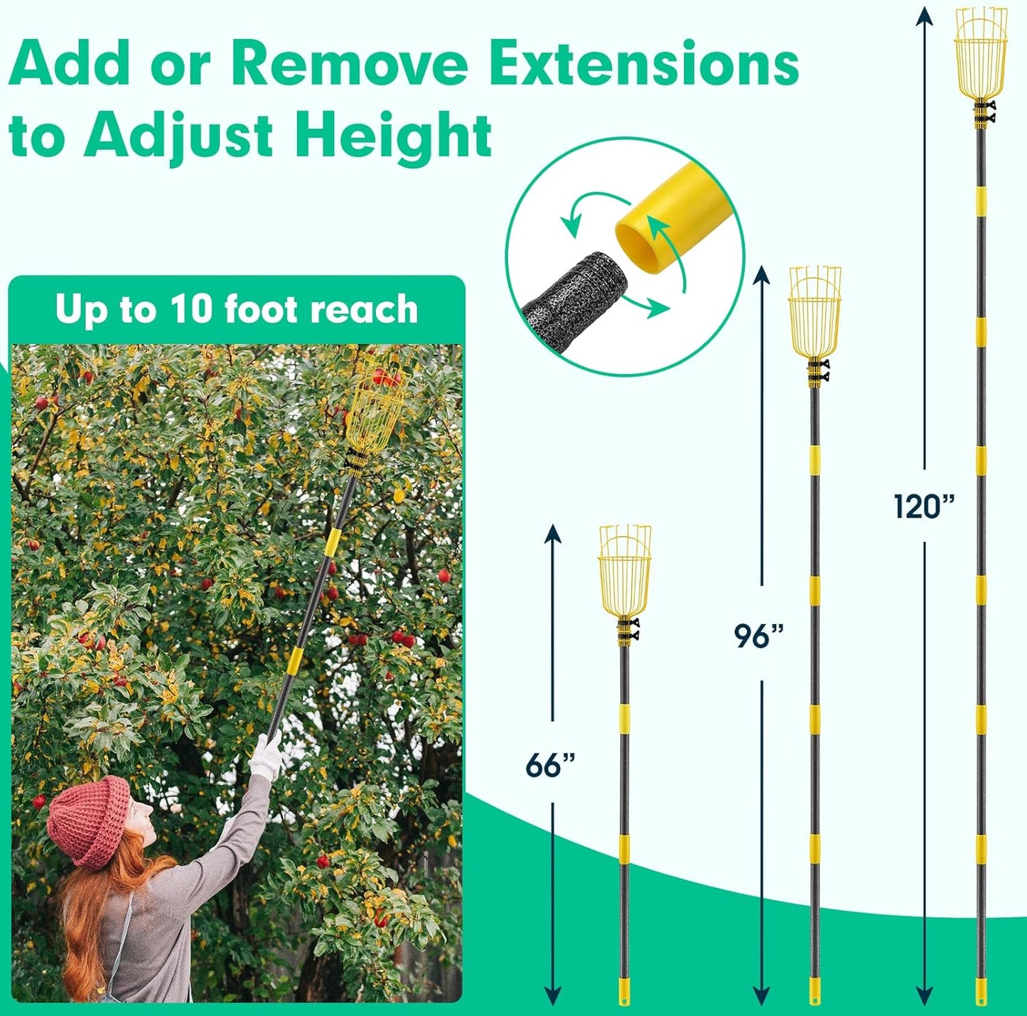 Fruit Picker Pole with Basket,8FT Long Heavy Duty Mango Picker Tool with Adjustable Fruits Picking Pole, Fruits Picking Grabber for Lemon,Apple,Almonds,Avocados