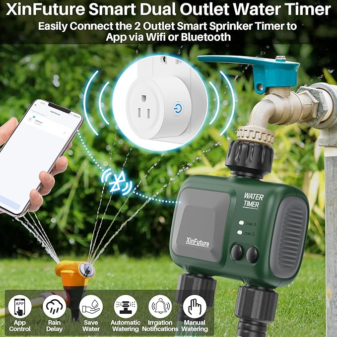 Smart Sprinkler Timer 2 Zone with Gateway, XinFuture WiFi Water Timer with Rain Delay, Manual& Automatic Watering System for Garden Hose Faucet, App& Voice Control, Outdoor Hose Timer for Yards Lawns