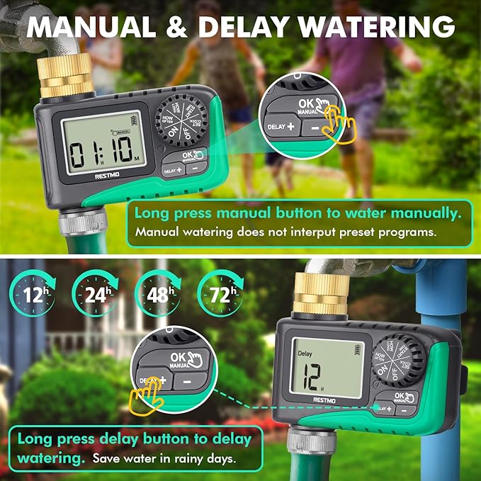 RESTMO Sprinkler Timer with Brass Inlet, Programmable Water Timer for Garden Hose, Automatic Digital Control | Manual ON/Off | Rain Delay, for Outdoor Faucet, Drip Irrigation and Lawn Watering System