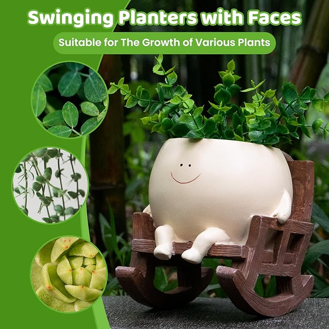 Large Smiley Face Planter Pot, Cute Resin Flower Head Planters for Indoor Outdoor, Unique Rocking Chair Plant Pot for Succulents Plants Live with Drainage Hole, Gift IdeaI for Mother Christmas