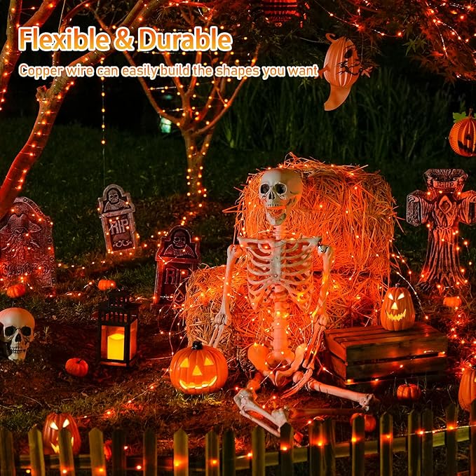 JMEXSUSS 2 Pack Solar Halloween Lights, 33ft 100 LED Outdoor Waterproof Orange Solar Lights for Tree Yard Patio Garden Halloween Thanksgiving Decorations