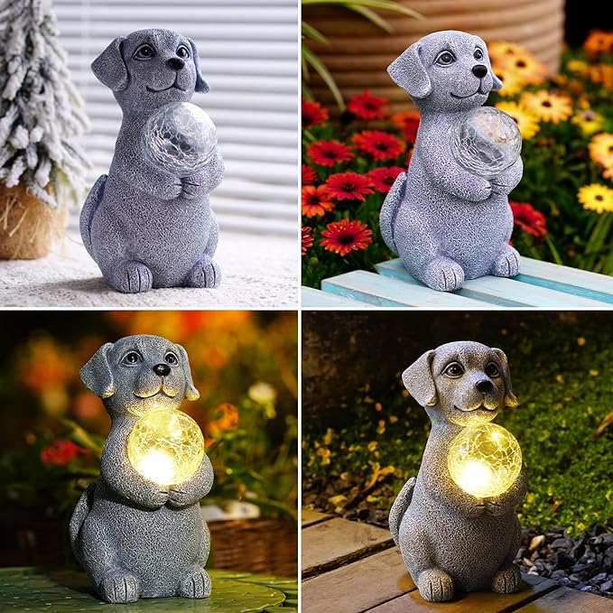 Solar Dog Garden Statues - 8.4 "Dog Decor with Gazing Ball Solar LED Lights, Unique Gifts for Mom Grandma Birthdays, Outdoor Decor for Outside Lawn Porch Patio (Gray)