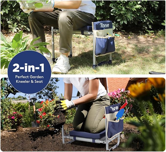 Foldable Garden Kneeler and Seat, Heavy Duty Garden Stool with 10" Wide Detachable Kneeling Pad, Portable Garden Bench Chair with Large Garden Tool Bag, Gardening Gifts for Women, Seniors