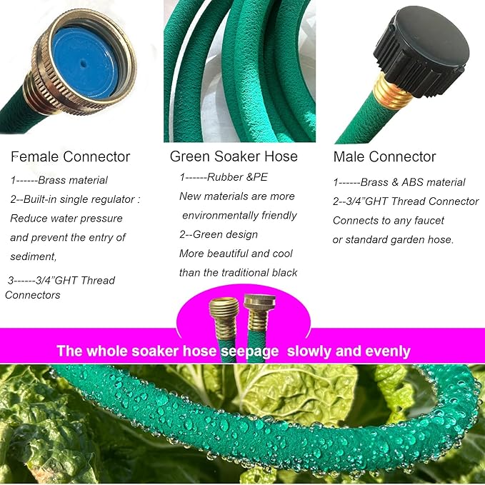 Soaker Hose 1/2inchx 50ft With Brass End,Green Rubber Hose Water Saving up to 70%,Durable Flexible Soaker Hose that irrigation for Patio Lawn,Trees,Vegetables and Flowers.
