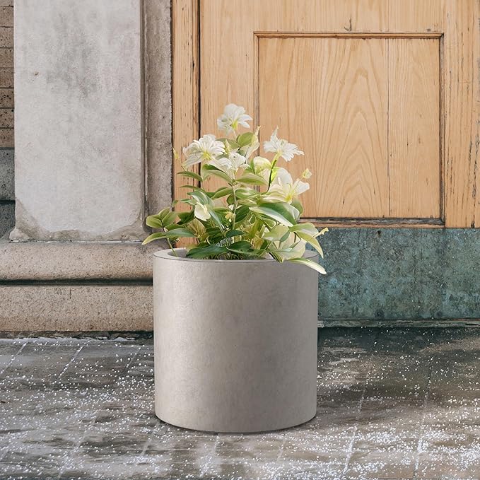 Kante 12.6" Dia Round Concrete Planter, Modern Style Large Cylindrical Plant Pot with Drainage Hole and Rubber Plug for Indoor Outdoor Patio, Weathered Concrete
