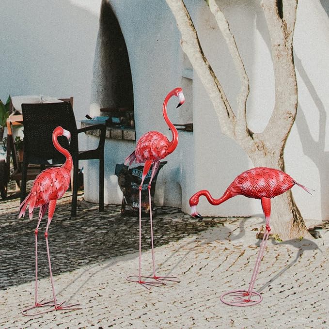 3Pcs Metal Flamingo Statues, Hot Pink Flamingo Outdoor Decor for Garden Home Patio Lawn Backyard Ornaments