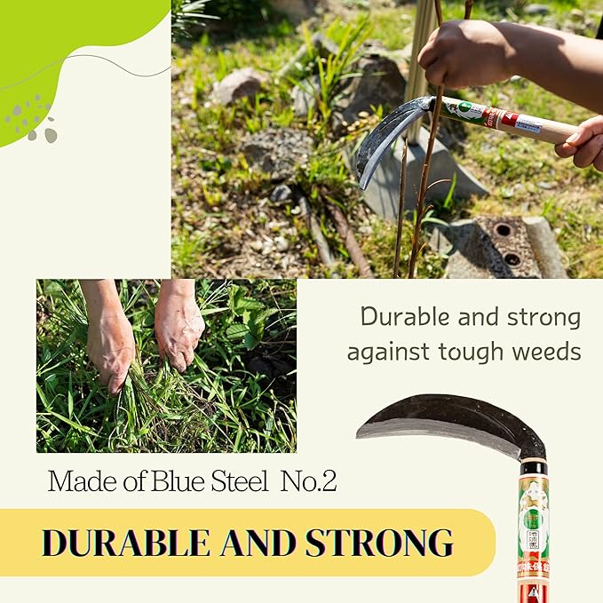 Japanese Weeding Sickle (Thick Blade), High Grade Steel Blade (Blue Steel No.2) Hand Tool for Gardening, Weeding and Farming, Blade Length 6.30inch