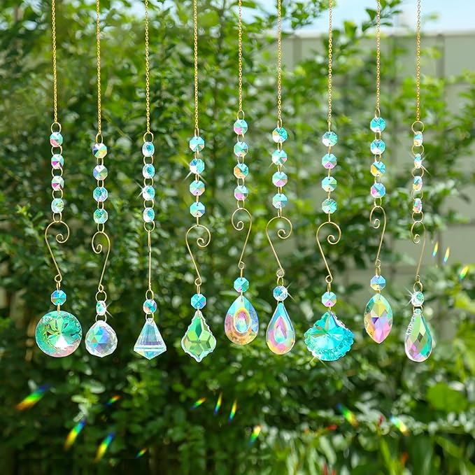 9 Pieces Sun Catchers Indoor Window Crystals Suncatchers for Windows Hanging Ornaments with Chain Colorful Prisms Rainbows Makers Pendants for Home Outdoor Garden Decoration