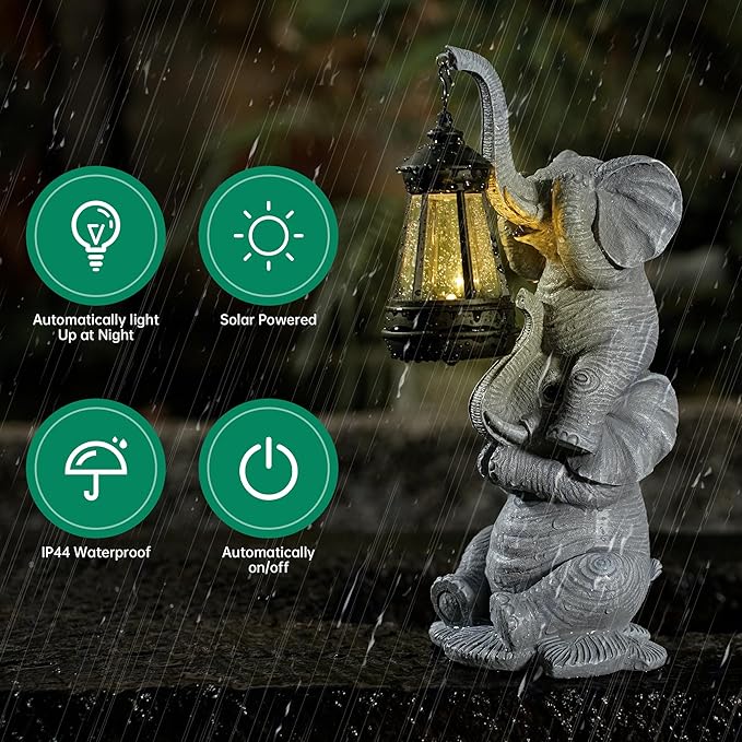 Solar Elephant Garden Statue with LED Lights - Waterproof Outdoor Decor for Patio, Yard, Balcony - Unique Elephant Gifts for Women, Mom, Grandma - Birthday, Mother’s Day, Housewarming Gift