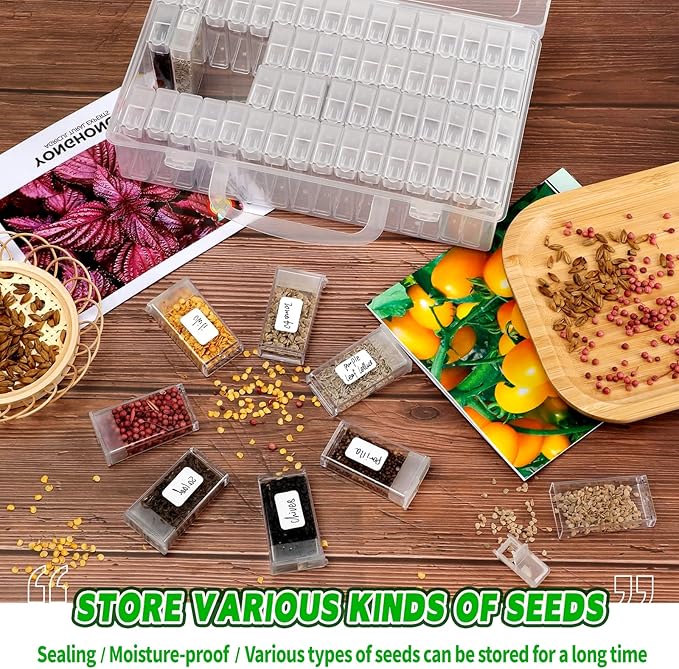 64 Slots Plastic Seed Storage Box Organizer with Label Stickers(seeds not included), Seed Container Storage use for Flower Seeds,Vegetable Seeds, Clover Seeds, Basil Seeds, Tomato Seeds