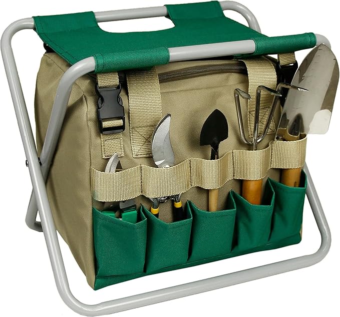 Folding Gardening Stool with Detachable Storage Tote Bag, Multifunctional Gardening Tools Set Organizer for Fishing and Camping,Portable Garden Chair Seat for Adults (Green+Khaki)