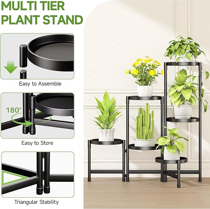 6-Tier Metal Plant Stand Indoor, Foldable Corner Plant Shelf Outdoor, Rotatable Tiered Tall Plant Stand, Black Multiple Plant Stands for Patio Living Room Balcony Garden Home Decor