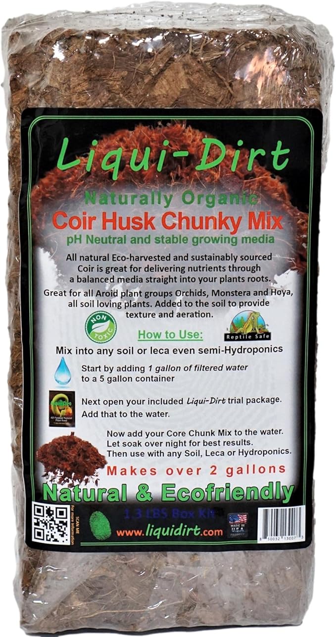 Liqui-Dirt Coconut Coco Coir Husk Chunky Mix for All Plants 1.3 lb - Plus Bonus Liqui-Dirt Starter Concentrate Gel Packet with All The Food They Need - Hydrates Approx 2 Gallons