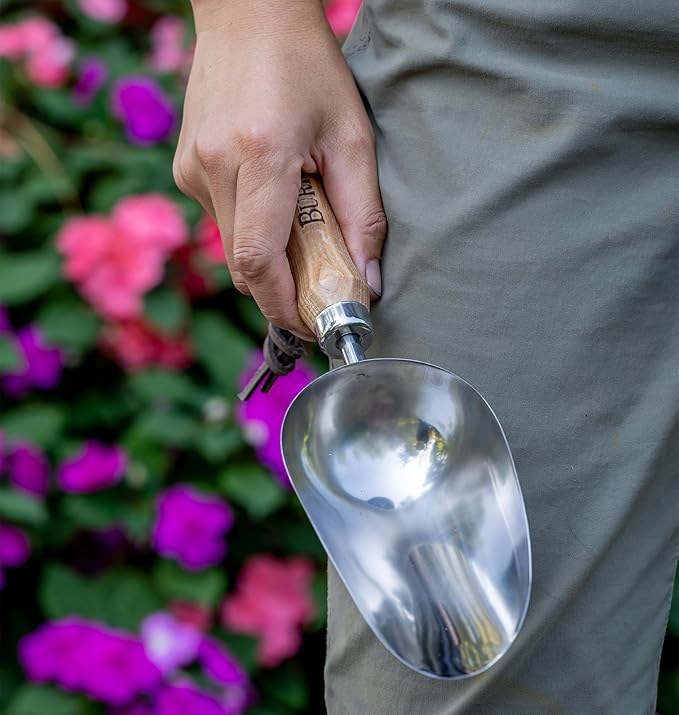 Burpee 15" Stainless Steel Soil Scoop | Durable Long Lasting Garden Tool | Leather Wrist Strap 5" Handle, Oak