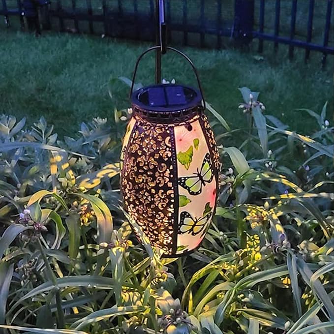 Butterfly Solar Lanterns Glass & Metal Hanging Lantern Outdoor Waterproof 16" H Tabletop Light with Hollowed-Out Design for Garden Patio Table Decor Mother's Day Gift