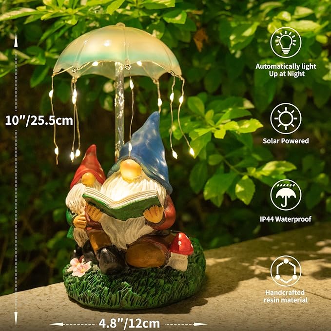 mopha Garden Gnomes Statues Outdoor Decor Gifts, Resin Figurines Outside Decoration Ornaments Clearance Gardening Decoration, Solar Powered Umbrella Fireworks Lights